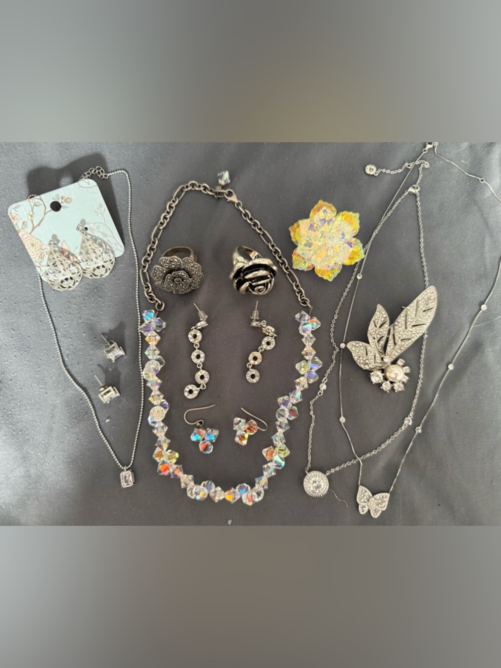 Modern Crystal and Aurora Borealis Necklaces, Earrings, Rings, and Brooches